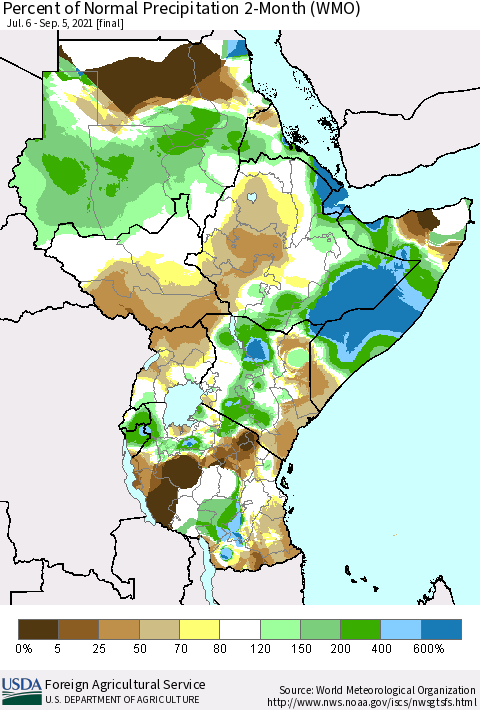 Eastern Africa Percent of Normal Precipitation 2-Month (WMO) Thematic Map For 7/6/2021 - 9/5/2021