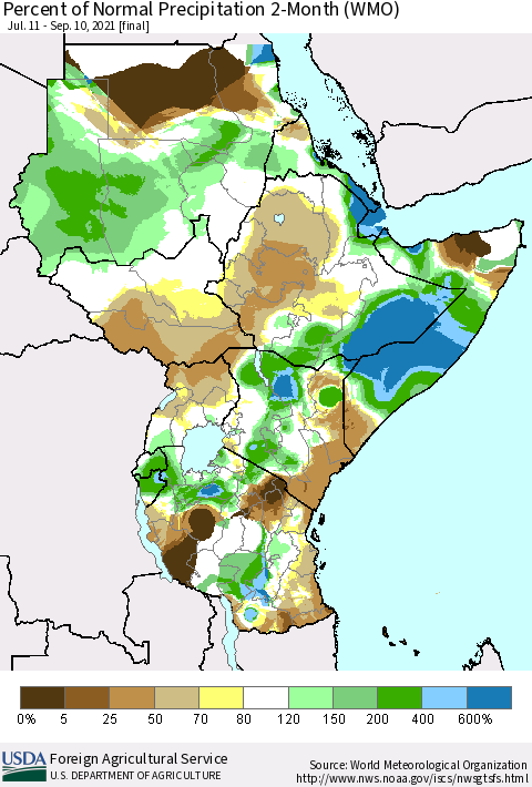 Eastern Africa Percent of Normal Precipitation 2-Month (WMO) Thematic Map For 7/11/2021 - 9/10/2021