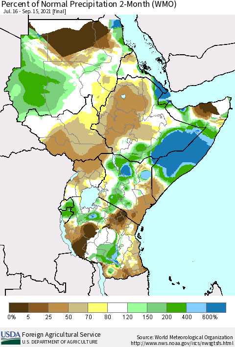 Eastern Africa Percent of Normal Precipitation 2-Month (WMO) Thematic Map For 7/16/2021 - 9/15/2021