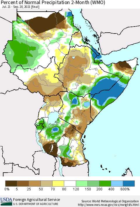 Eastern Africa Percent of Normal Precipitation 2-Month (WMO) Thematic Map For 7/21/2021 - 9/20/2021