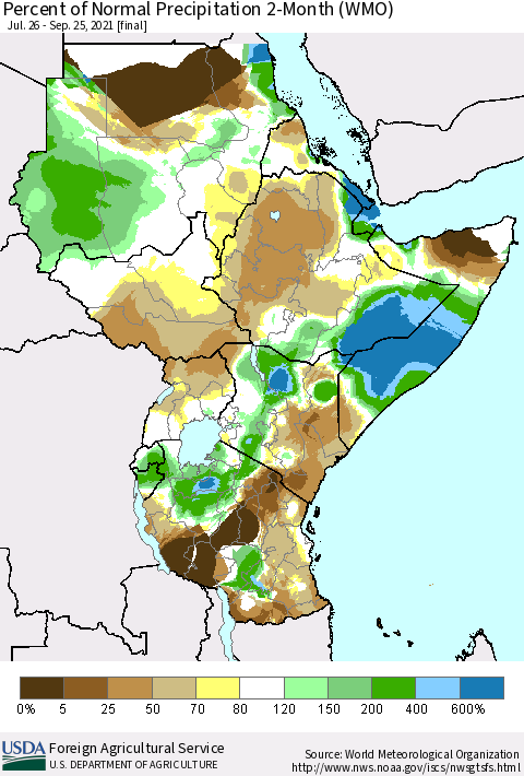 Eastern Africa Percent of Normal Precipitation 2-Month (WMO) Thematic Map For 7/26/2021 - 9/25/2021