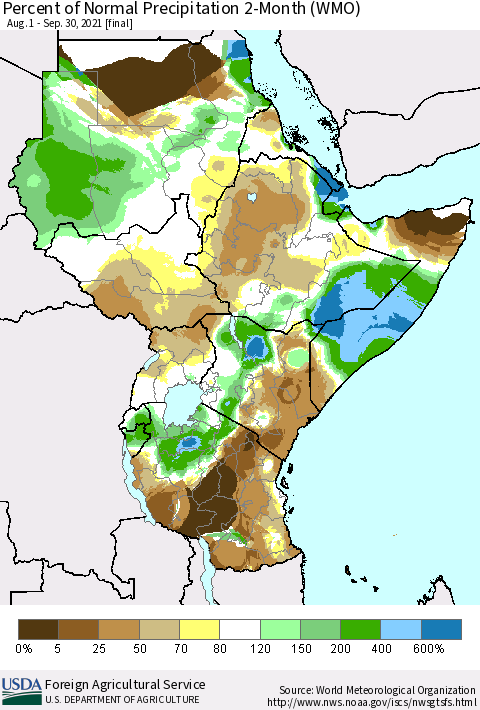 Eastern Africa Percent of Normal Precipitation 2-Month (WMO) Thematic Map For 8/1/2021 - 9/30/2021