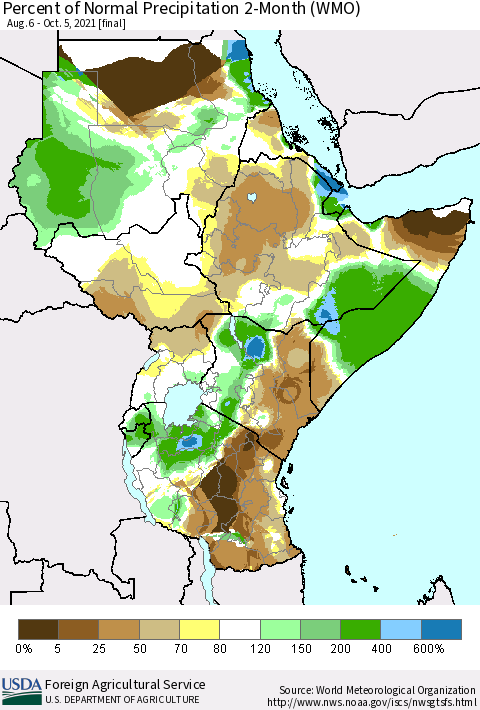 Eastern Africa Percent of Normal Precipitation 2-Month (WMO) Thematic Map For 8/6/2021 - 10/5/2021