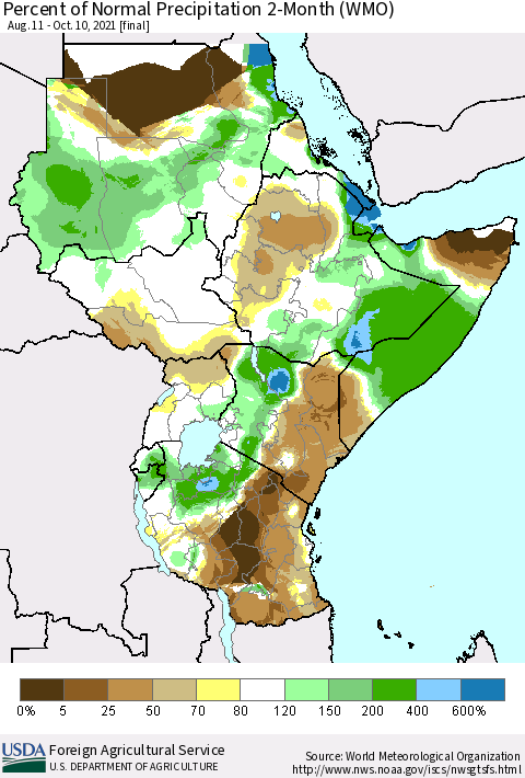 Eastern Africa Percent of Normal Precipitation 2-Month (WMO) Thematic Map For 8/11/2021 - 10/10/2021