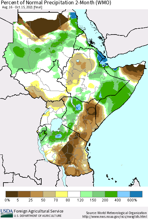 Eastern Africa Percent of Normal Precipitation 2-Month (WMO) Thematic Map For 8/16/2021 - 10/15/2021