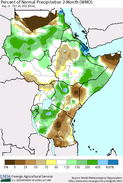 Eastern Africa Percent of Normal Precipitation 2-Month (WMO) Thematic Map For 8/21/2021 - 10/20/2021