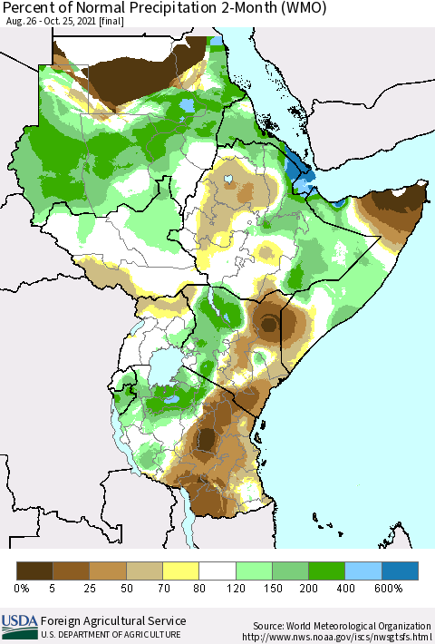 Eastern Africa Percent of Normal Precipitation 2-Month (WMO) Thematic Map For 8/26/2021 - 10/25/2021