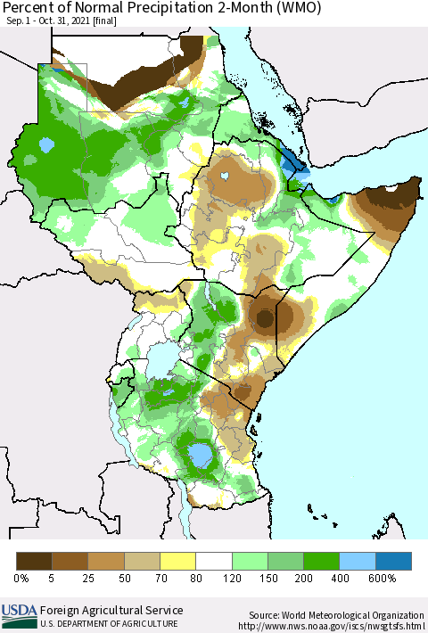 Eastern Africa Percent of Normal Precipitation 2-Month (WMO) Thematic Map For 9/1/2021 - 10/31/2021