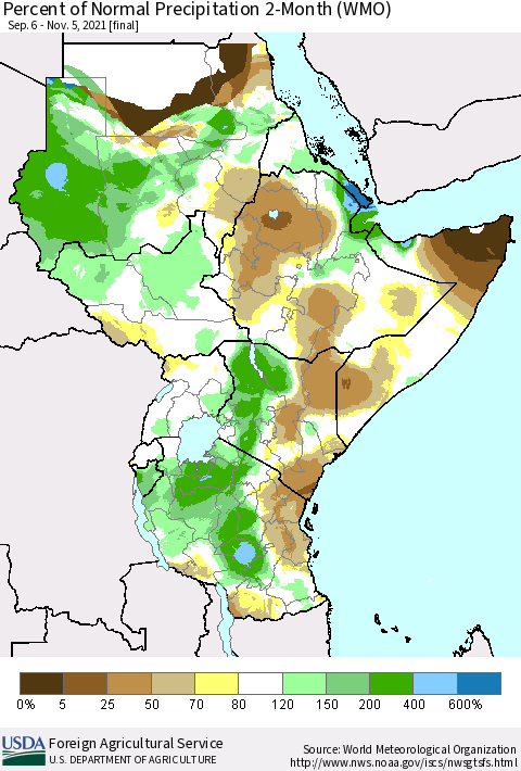 Eastern Africa Percent of Normal Precipitation 2-Month (WMO) Thematic Map For 9/6/2021 - 11/5/2021