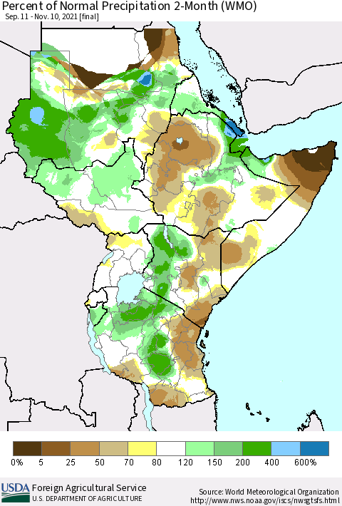 Eastern Africa Percent of Normal Precipitation 2-Month (WMO) Thematic Map For 9/11/2021 - 11/10/2021