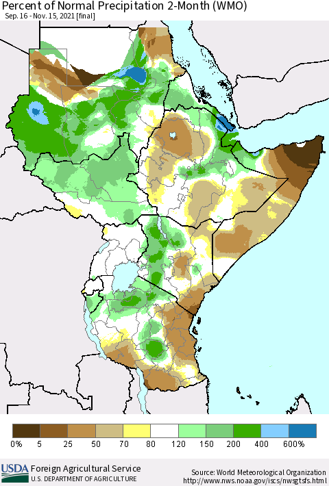 Eastern Africa Percent of Normal Precipitation 2-Month (WMO) Thematic Map For 9/16/2021 - 11/15/2021