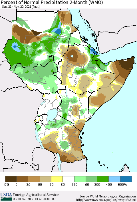 Eastern Africa Percent of Normal Precipitation 2-Month (WMO) Thematic Map For 9/21/2021 - 11/20/2021