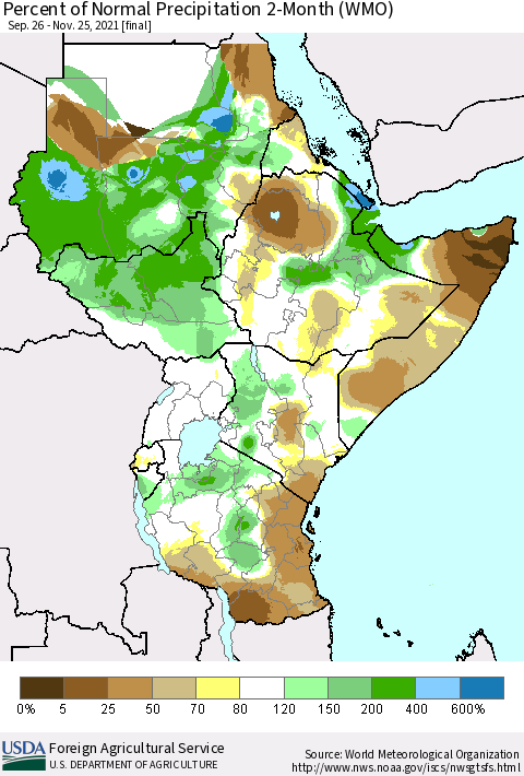 Eastern Africa Percent of Normal Precipitation 2-Month (WMO) Thematic Map For 9/26/2021 - 11/25/2021