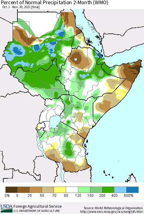 Eastern Africa Percent of Normal Precipitation 2-Month (WMO) Thematic Map For 10/1/2021 - 11/30/2021