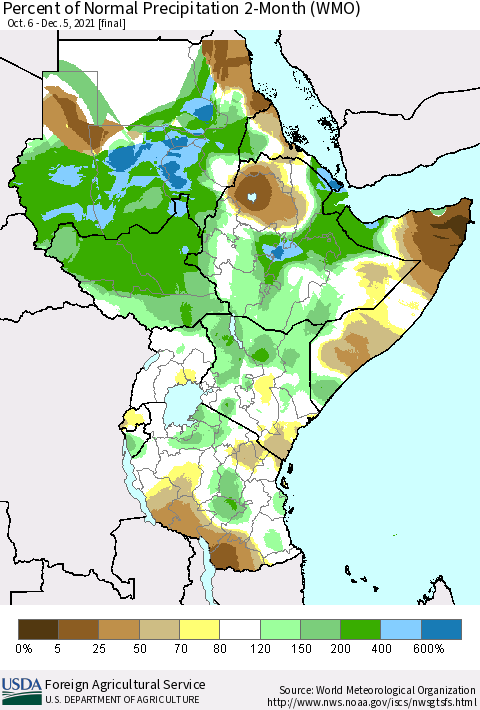 Eastern Africa Percent of Normal Precipitation 2-Month (WMO) Thematic Map For 10/6/2021 - 12/5/2021