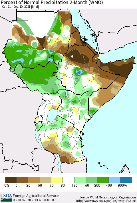 Eastern Africa Percent of Normal Precipitation 2-Month (WMO) Thematic Map For 10/11/2021 - 12/10/2021