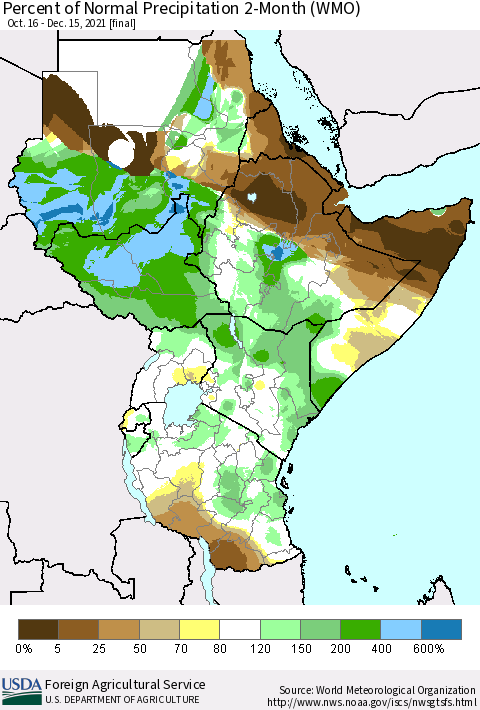Eastern Africa Percent of Normal Precipitation 2-Month (WMO) Thematic Map For 10/16/2021 - 12/15/2021