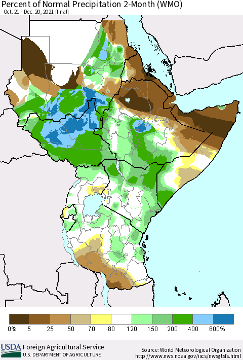 Eastern Africa Percent of Normal Precipitation 2-Month (WMO) Thematic Map For 10/21/2021 - 12/20/2021