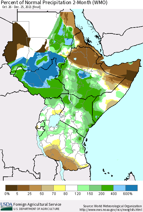 Eastern Africa Percent of Normal Precipitation 2-Month (WMO) Thematic Map For 10/26/2021 - 12/25/2021