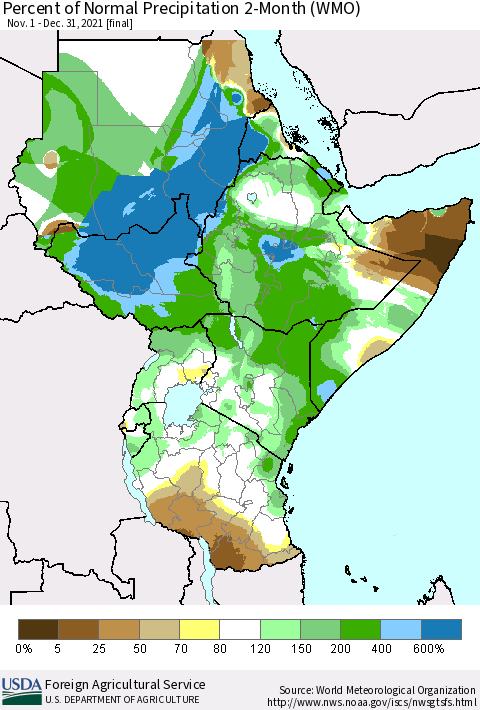 Eastern Africa Percent of Normal Precipitation 2-Month (WMO) Thematic Map For 11/1/2021 - 12/31/2021