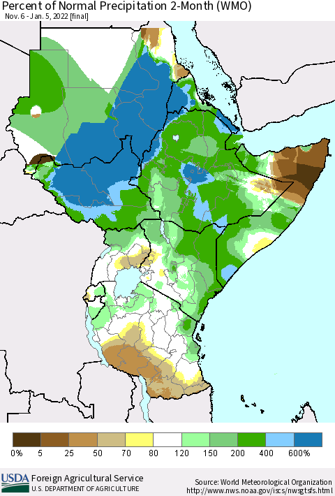 Eastern Africa Percent of Normal Precipitation 2-Month (WMO) Thematic Map For 11/6/2021 - 1/5/2022