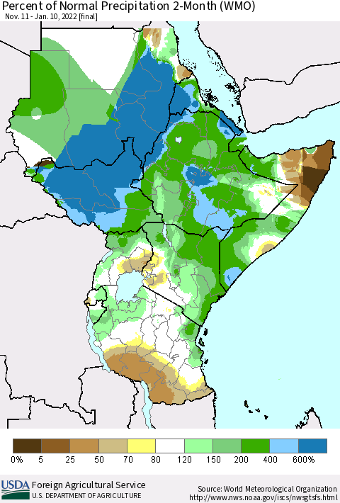 Eastern Africa Percent of Normal Precipitation 2-Month (WMO) Thematic Map For 11/11/2021 - 1/10/2022