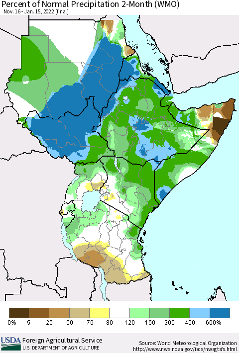 Eastern Africa Percent of Normal Precipitation 2-Month (WMO) Thematic Map For 11/16/2021 - 1/15/2022