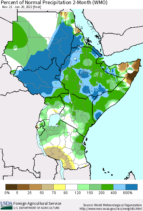 Eastern Africa Percent of Normal Precipitation 2-Month (WMO) Thematic Map For 11/21/2021 - 1/20/2022