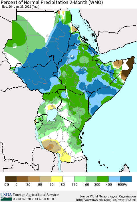 Eastern Africa Percent of Normal Precipitation 2-Month (WMO) Thematic Map For 11/26/2021 - 1/25/2022