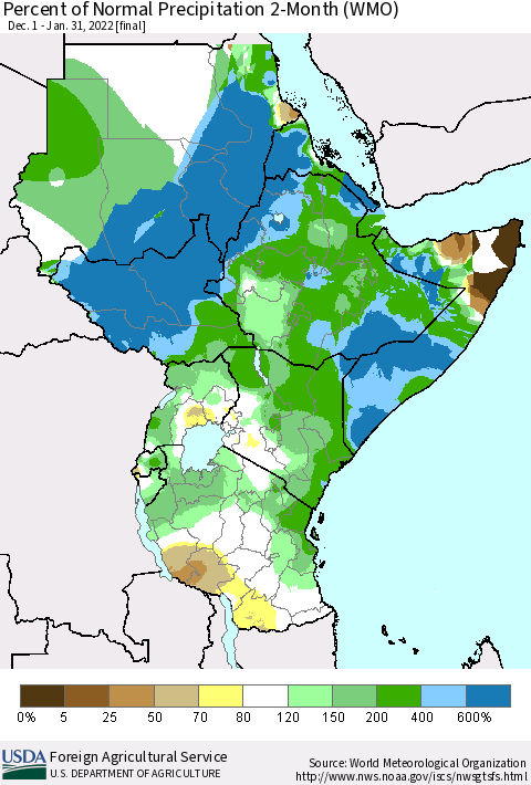 Eastern Africa Percent of Normal Precipitation 2-Month (WMO) Thematic Map For 12/1/2021 - 1/31/2022
