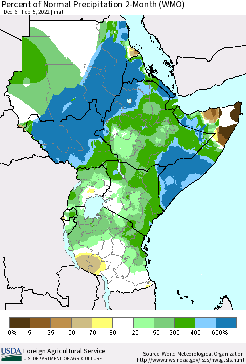Eastern Africa Percent of Normal Precipitation 2-Month (WMO) Thematic Map For 12/6/2021 - 2/5/2022