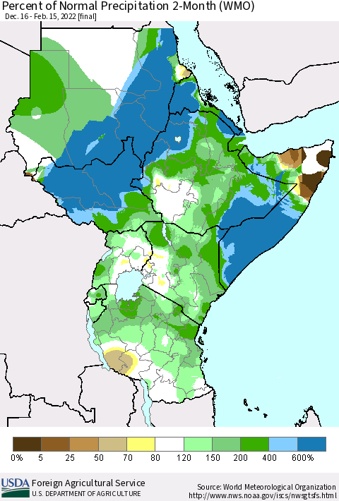 Eastern Africa Percent of Normal Precipitation 2-Month (WMO) Thematic Map For 12/16/2021 - 2/15/2022