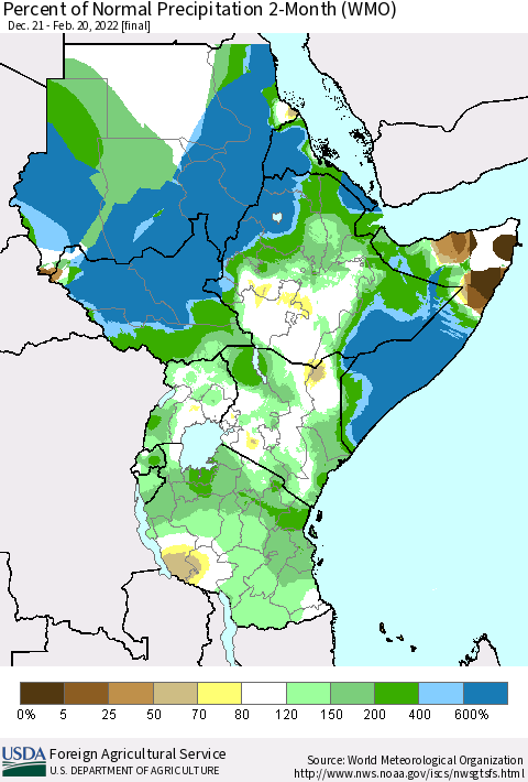 Eastern Africa Percent of Normal Precipitation 2-Month (WMO) Thematic Map For 12/21/2021 - 2/20/2022