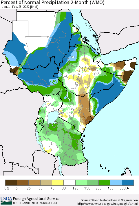 Eastern Africa Percent of Normal Precipitation 2-Month (WMO) Thematic Map For 1/1/2022 - 2/28/2022