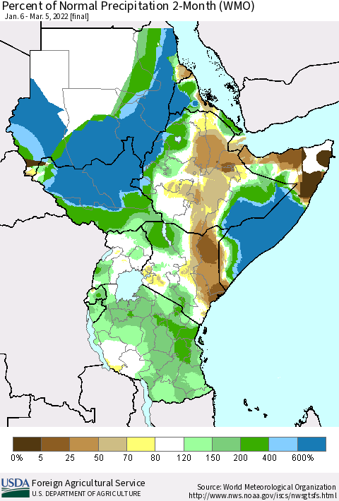 Eastern Africa Percent of Normal Precipitation 2-Month (WMO) Thematic Map For 1/6/2022 - 3/5/2022