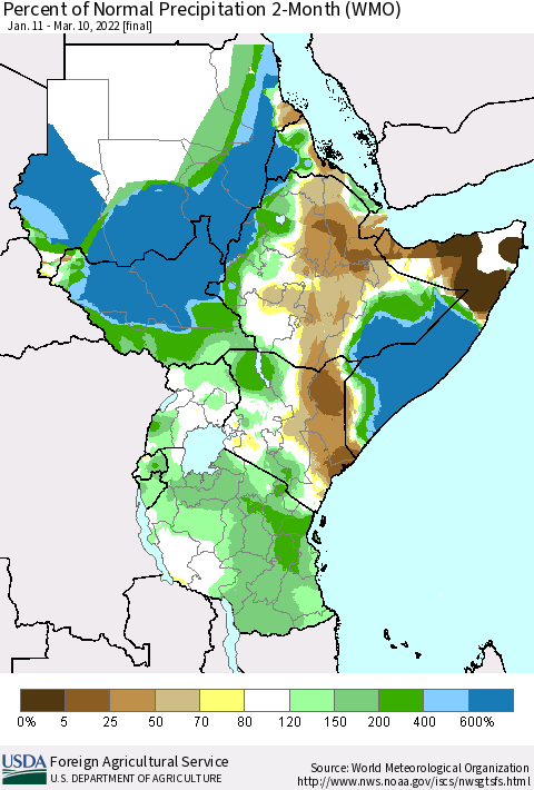 Eastern Africa Percent of Normal Precipitation 2-Month (WMO) Thematic Map For 1/11/2022 - 3/10/2022