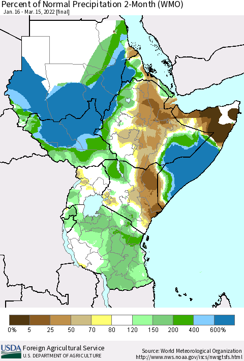 Eastern Africa Percent of Normal Precipitation 2-Month (WMO) Thematic Map For 1/16/2022 - 3/15/2022