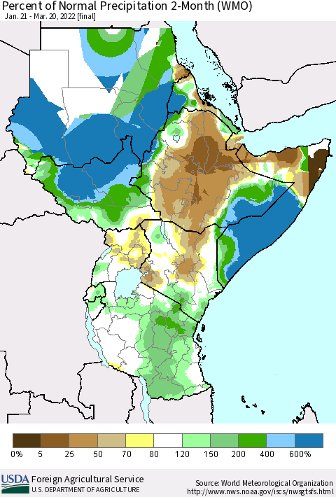 Eastern Africa Percent of Normal Precipitation 2-Month (WMO) Thematic Map For 1/21/2022 - 3/20/2022