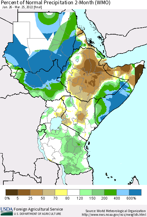 Eastern Africa Percent of Normal Precipitation 2-Month (WMO) Thematic Map For 1/26/2022 - 3/25/2022