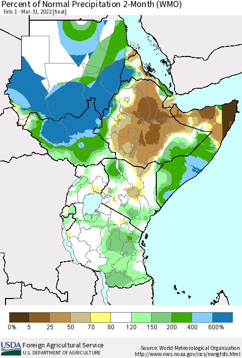 Eastern Africa Percent of Normal Precipitation 2-Month (WMO) Thematic Map For 2/1/2022 - 3/31/2022
