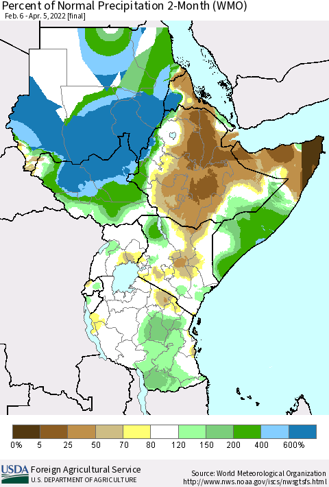 Eastern Africa Percent of Normal Precipitation 2-Month (WMO) Thematic Map For 2/6/2022 - 4/5/2022