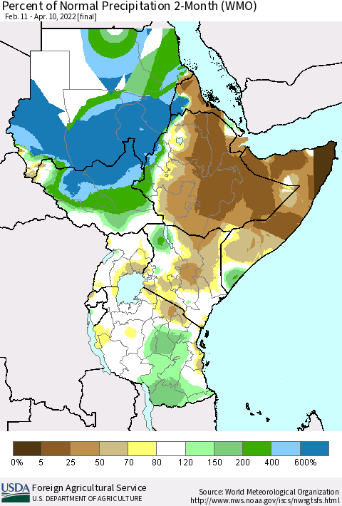 Eastern Africa Percent of Normal Precipitation 2-Month (WMO) Thematic Map For 2/11/2022 - 4/10/2022