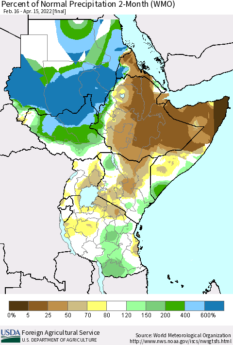 Eastern Africa Percent of Normal Precipitation 2-Month (WMO) Thematic Map For 2/16/2022 - 4/15/2022