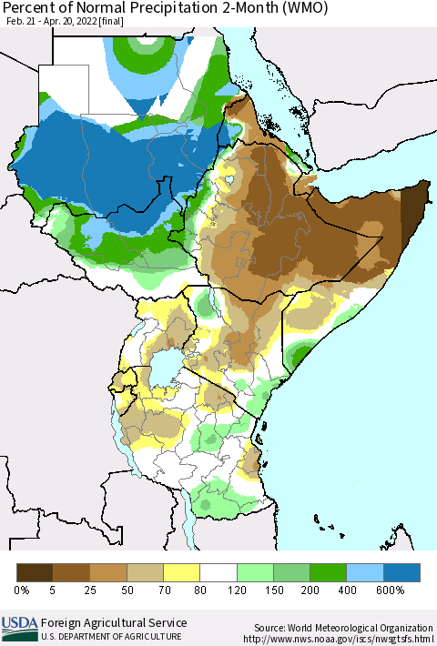 Eastern Africa Percent of Normal Precipitation 2-Month (WMO) Thematic Map For 2/21/2022 - 4/20/2022