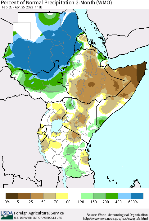 Eastern Africa Percent of Normal Precipitation 2-Month (WMO) Thematic Map For 2/26/2022 - 4/25/2022