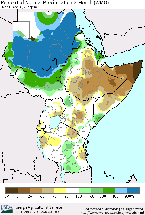 Eastern Africa Percent of Normal Precipitation 2-Month (WMO) Thematic Map For 3/1/2022 - 4/30/2022