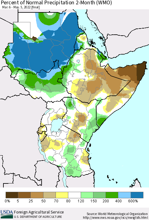 Eastern Africa Percent of Normal Precipitation 2-Month (WMO) Thematic Map For 3/6/2022 - 5/5/2022