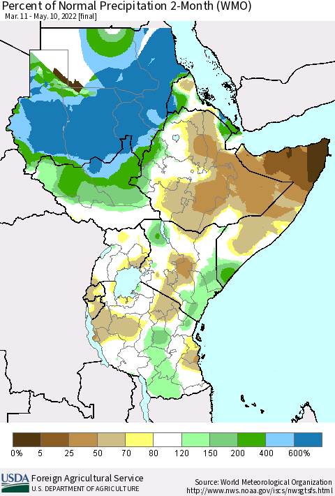 Eastern Africa Percent of Normal Precipitation 2-Month (WMO) Thematic Map For 3/11/2022 - 5/10/2022