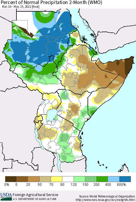 Eastern Africa Percent of Normal Precipitation 2-Month (WMO) Thematic Map For 3/16/2022 - 5/15/2022