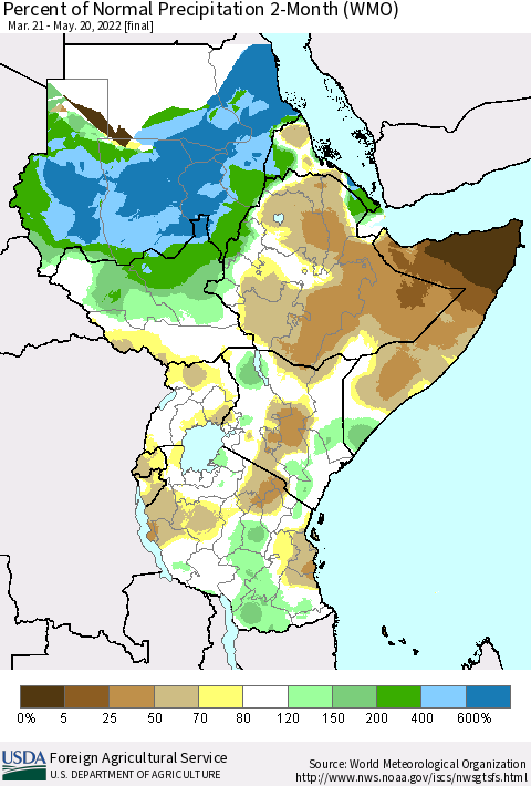 Eastern Africa Percent of Normal Precipitation 2-Month (WMO) Thematic Map For 3/21/2022 - 5/20/2022